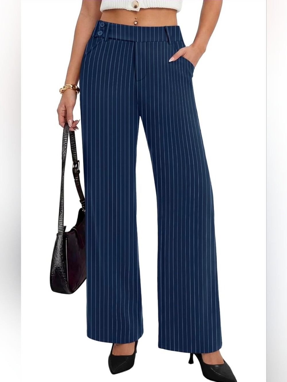 High-Waist Wide-Leg Pinstripe Pants - Navy